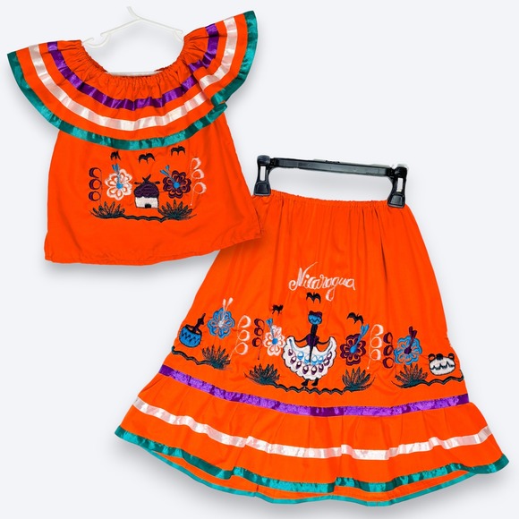 Handmade Other - Orange Nicaragua Traditional Embroidered Ribbon Dress & Skirt Set Girls 4